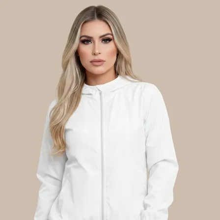 Jaqueta Corta Vento Sem Estampa Blusa Feminina Capuz E Bolso Branco Gg