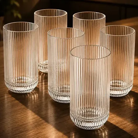 Jogo 6 Copos Vidro Canelado 423ml Moderno Elegante Premium Vinho Água Suco Drinks Gin Whisky Jogo Copos Taça Copo Conjunto Design Luxo Texturizado Cozinha Restaurante Decoração Hold On