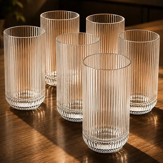 Jogo 6 Copos Vidro Canelado 423ml Moderno Elegante Premium Vinho Água Suco Drinks Gin Whisky Jogo Copos Taça Copo Conjunto Design Luxo Texturizado Cozinha Restaurante Decoração Hold On