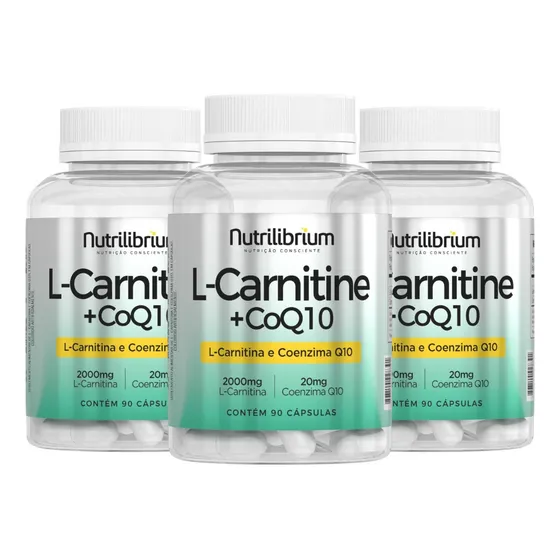 Kit 3x L Carnitina 2000mg C/ Coenzima Q10 Coq10 20mg 3 Mêses Sabor Sem sabor