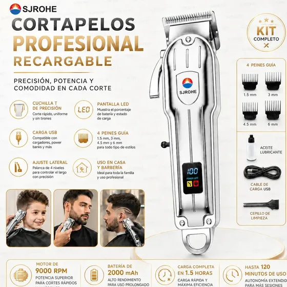 SJROHE Cortadora de Pelo Máquina Maquinas Para Cortar Kit de Cortar Máquina y Trimmer Inalámbrica ecargable y Pantalla Equipado con peine guía y aceite lubricante Color plateado