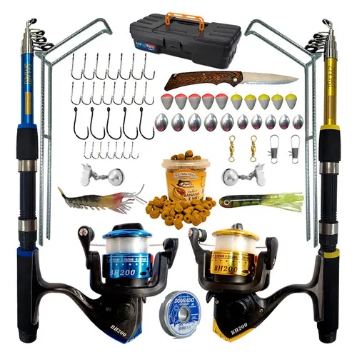 Kit de pesca completo 10kg com 2 varas + 2 molinetes + itens cor azul e amarelo