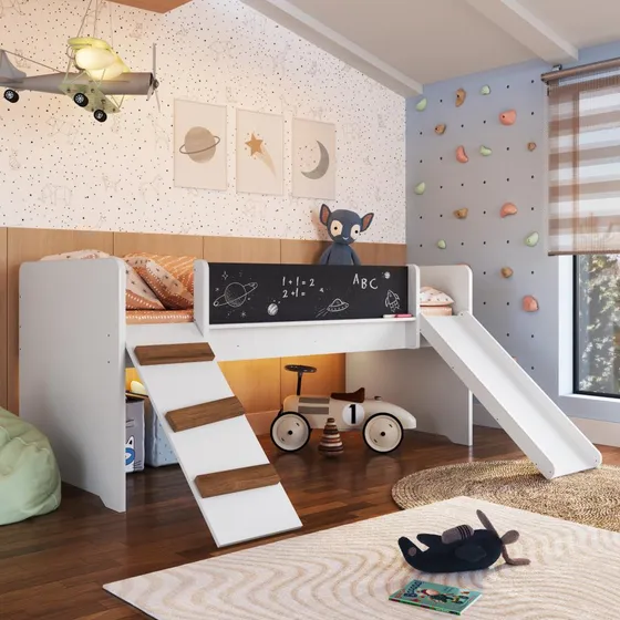 Cama Infantil Playground Menino Menina 195cm com Escorregador Rampa e Lousa Branca Completa Móveis