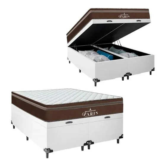 Cama Box Baú Casal Bipartido + Colchão Paris Molas Ensacadas
