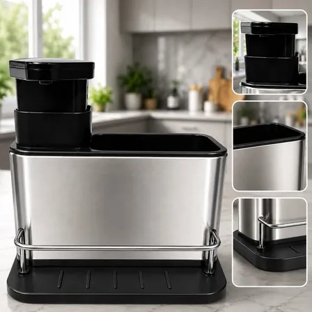Porta Detergente 3 Em 1 Inox Dispenser Esponja Dreno Cozinha Inox / Preto