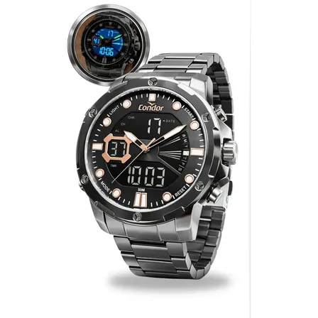 Relógio Condor Masculino De Pulso Analógico E Digital Quartzo Com Pulseira De Aço Inoxidável Cronómetro Alarme Calendário Tempo Regressivo Cor Preto Prova D'água 50 Metros