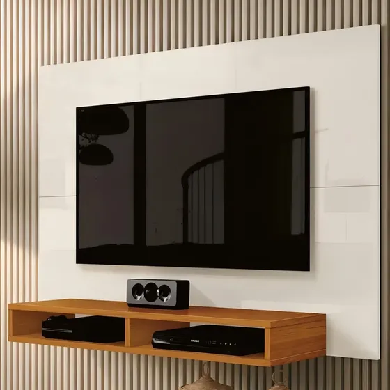 Painel TV 43" Fox Com Nicho MDP Cor Off White/Cedro