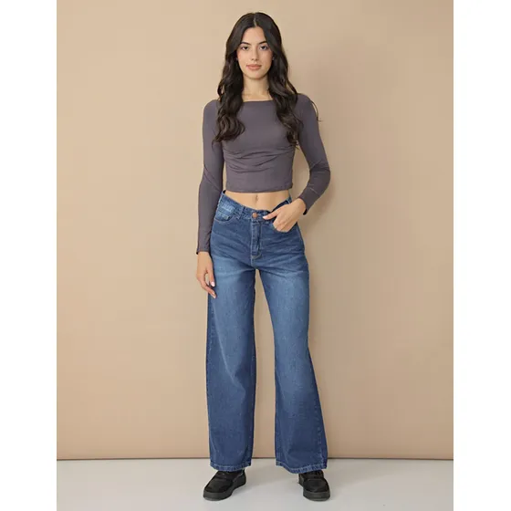Pantalón Onyx Wide Leg Tiro Alto Mujer Azul Bigotes
