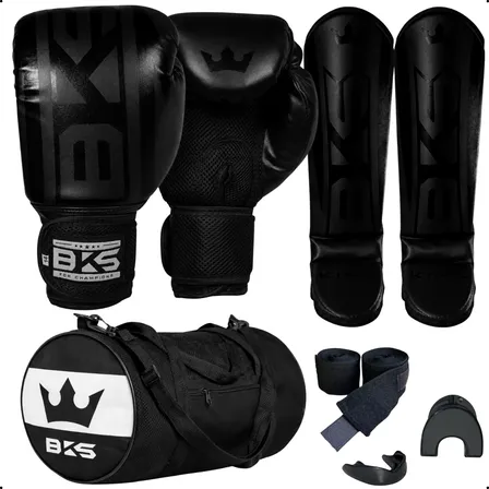 Kit Muay Thai Completo Luva Caneleira Bandagem Bucal Bolsa 14oz Preto