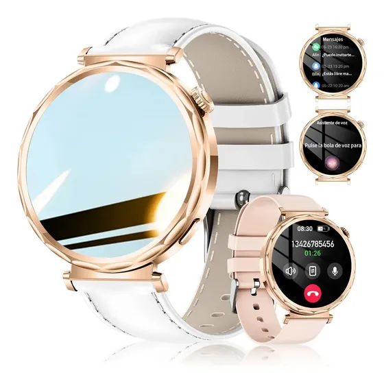 Smartwatch Reloj Inteligente Mujer Deportivo 1.6 Pulgadas Bluetooth Llamada Dorado Correa Cuero y Silicona Blanca Compatible Android iOS