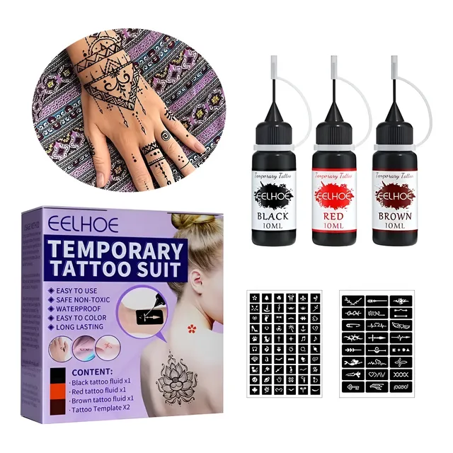 Kit Básico Para Tatuajes Henna Natural Temporales 3 Colores