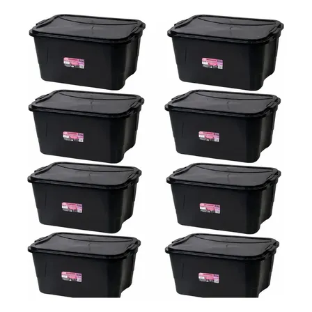 Kit 8 Caixa Organizadora 15 Litros Com Tampa E Trava Preto Liso