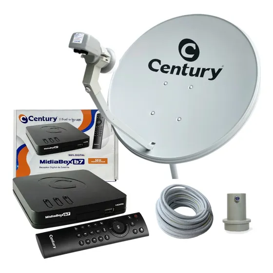 Century Kit Completo com Receptor Midiabox B7 com Midia E Radio Fm 5g Antena Parabolica de Chapa Cinza Compacta Star One C2 Sat Hd Hdmi