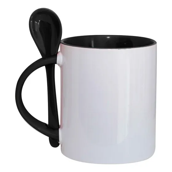 2 Canecas Para Sublimação De Cerâmica Reta C/ Colher Preta