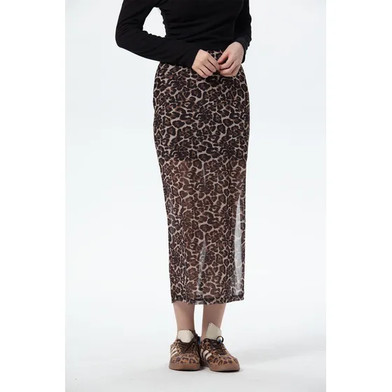 Falda Mujer Midi Leopardo Malla Café