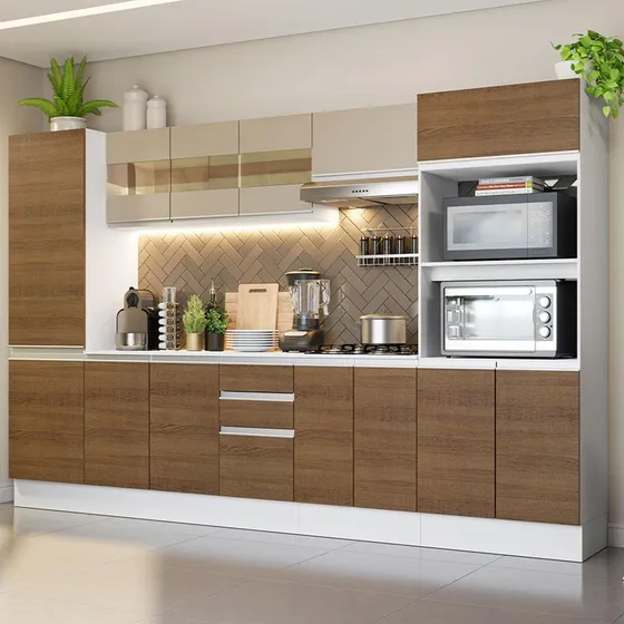 Armário De Cozinha Completa Modulada com Balcão para Cooktop 100% Mdf 300 Cm Smart Madesa 01 Cor Branco/Rustic/Crema XMGRSM300001