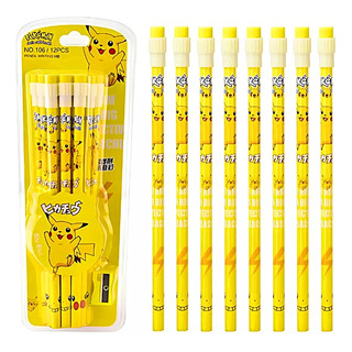 Lápis Pikachu Pokémon Com Borracha Kit Com 12 Peças Amarelo Lápis Pikachu Pokémon Com Borracha Kit Com 12 Peças Amarelo