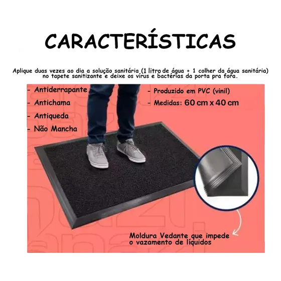 Tapete Capacho Sanitizante Higienizador 40 Cm X 60 Cm Kapazi Cor Preto Pediluvio Anticovid