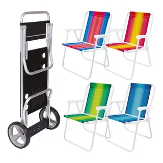 Kit Carrinho De Praia + 4 Cadeiras De Praia Aço Kit Carrinho De Praia + 4 Cadeiras De Praia Aço