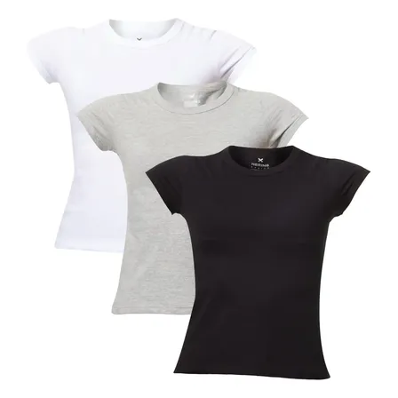 Kit Com 3 Camisetas Femi Slim Básicas Gola Redonda Hering Branco / Preto / Cinza Lisa M