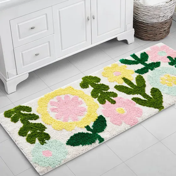 Alfombra Baño Larga Estilo Bohemio Diseño Floral Color Verde