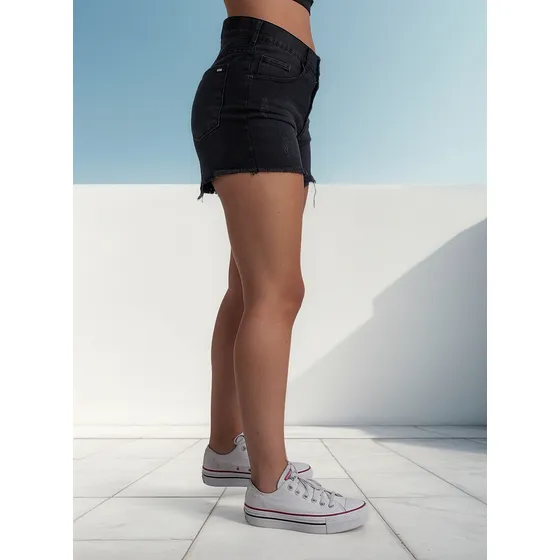 Short Jeans Rigido Tiro Alto Con Roturas Mujer
