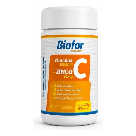 Vitamina C 1000mg + Zinco 10mg 60 Cápsulas Imunidade Laranja Biofor