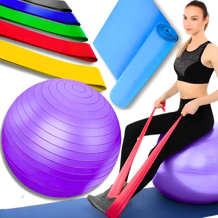 Bola Suiça Pilates Fisio 55cm + Faixa Elastica + 5 Mini Band - Bola De Pilates Elásticos