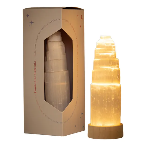 Luminária Selenita 15cm Led Branco Quente - Base De Madeira