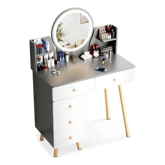 Tocador Con Espejo De Luz Led Y Taburete Comoda Extendible