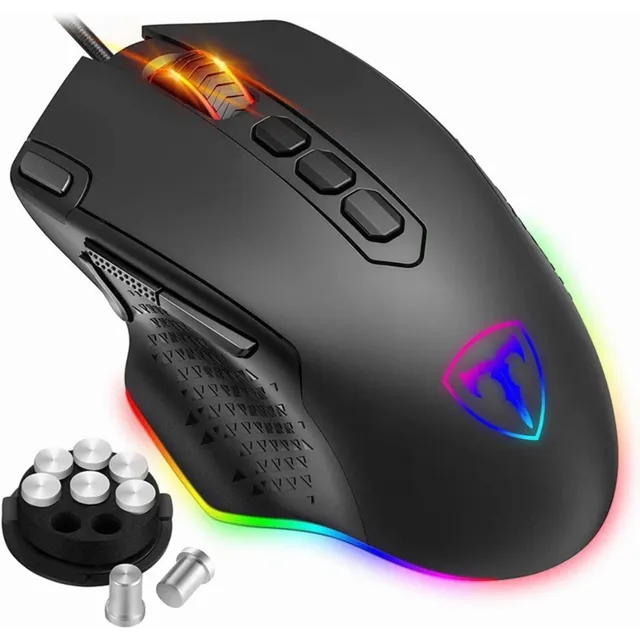 TERPORT 1KHz Mouse Gamer Alambrico Rgb 10 Botones Programables y Botón de Disparo S807, 12000 Dpi Con 6 Niveles Adjustables, Mouse Para Juegos Con 8 Pesas Y Estuches