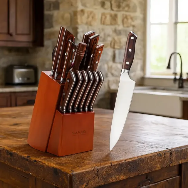 Set De Cuchillos Sakir De Acero Inoxidable Y Madera Para Cocina Profesional  Pack De 15 Piezas Con Base Marrón
