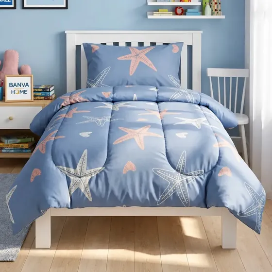 Plumon Infantil Diseño Starfish Apto Para 1 Plaza Y 1.5 Plazas Funda Almohada Duvet Reversible Microfibra Niños Y Niñas