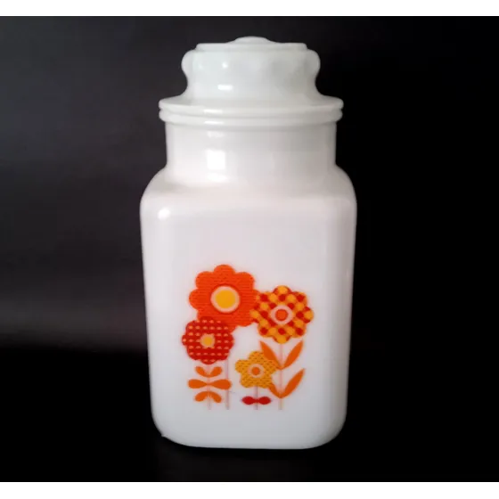 Envase Cocina Grande Años 60 Cristal De Leche Flores Naranja
