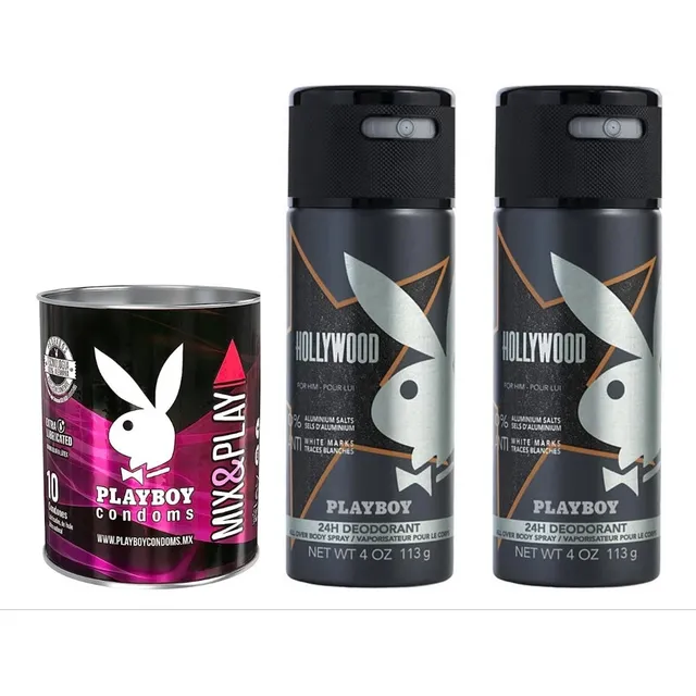 Desodorante Y Bote Con 10 Condones Playboy Hollywood 3 Pzas