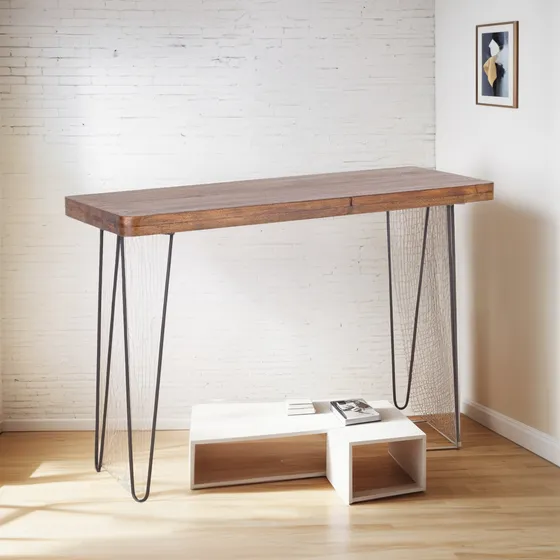 Mesa Consola Tipo Vintage Madera Solida Y Hierro 90x30x76