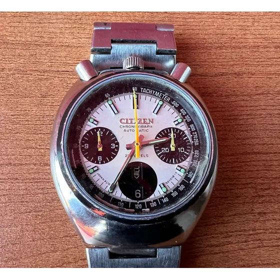 Antiguo Reloj Citizen Cronógrafo Bullhead Automático Plateado Plateado Crema