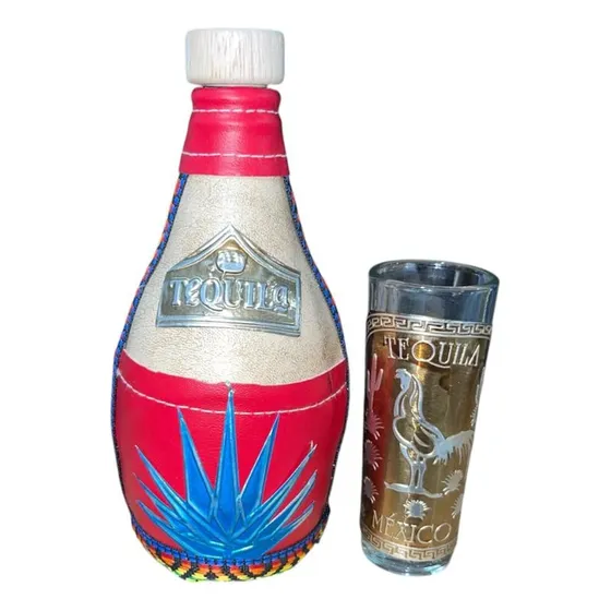 Botella Licorera Forrada 400ml Roja Con 1 Tequilero 60ml Agua