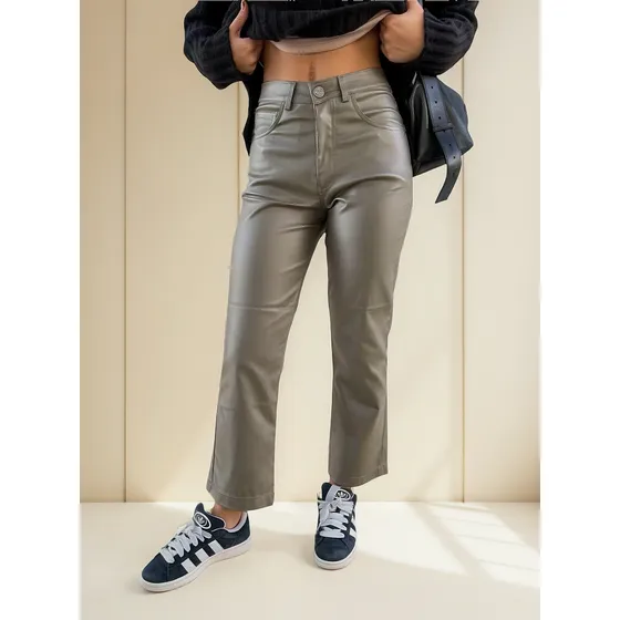 Pantalon Mujer Engomado Ecocuero Elastizado - Corte Recto