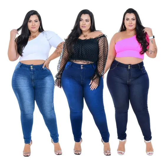 Kit 3 Calça Jeans Plus Size Feminina C/ Lycra  Cintura Alta