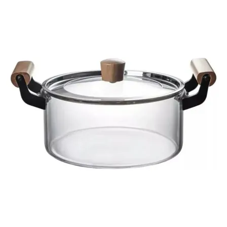 Panela Caçarola De Vidro C/ Tampa 3,5l Alça Madeira Transparente