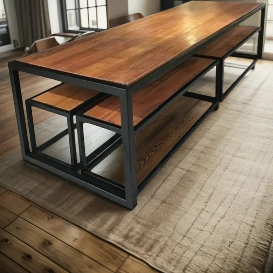 Mesa Quincho + 4 Bancos Estilo Industrial Madera Hierro