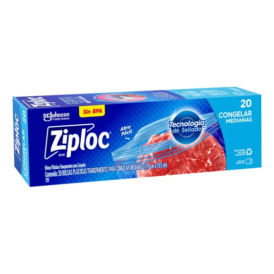 Bolsas de Plástico Reutilizables Ziploc para Congelar con Doble Cierre, 1 Paquete con 20 Bolsas de Tamaño Medianas