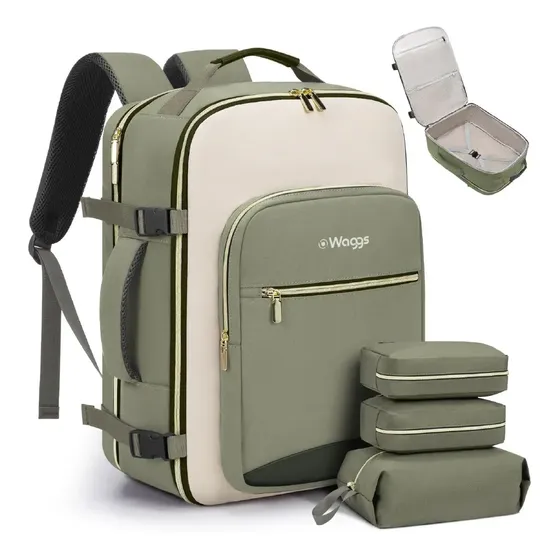 Mochila De Viaje Carry On 40l Waggs Valija Multibolsillos + 3 Neceseres Verde Oliva Liso Multicolor