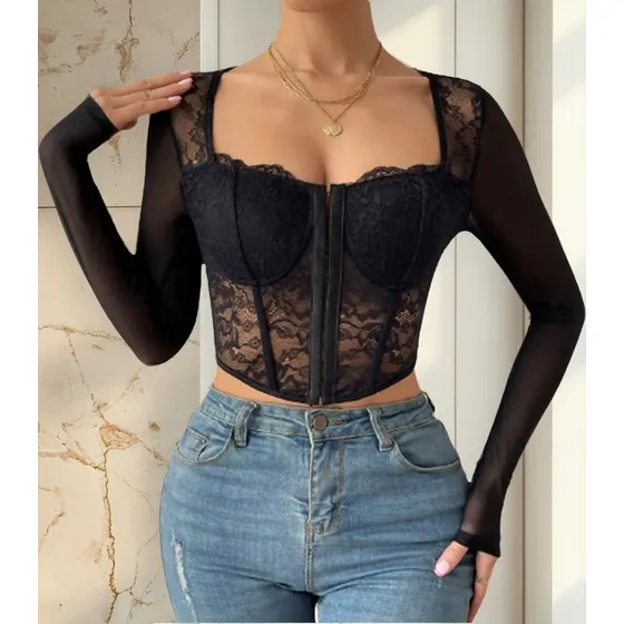 Blusa Crop Top Elegante Corset Encaje Malla Manga Larga