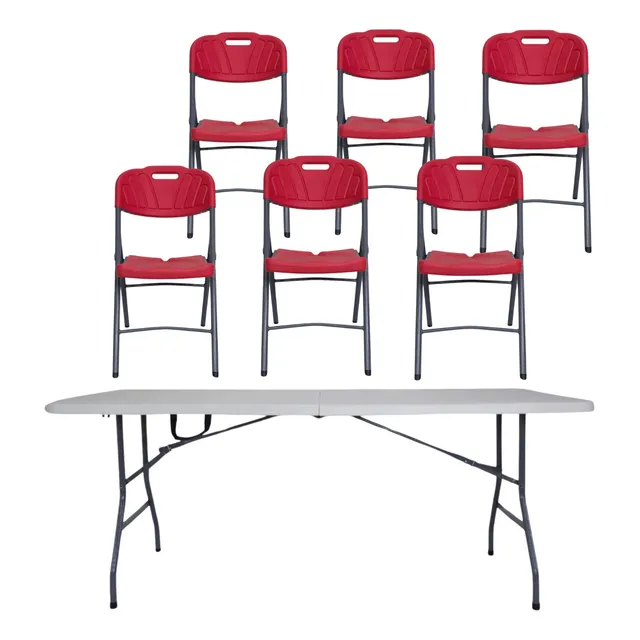Mesa Plegable 6ft Tablón Ext/inte Portafolio +6 Sillas Rojas