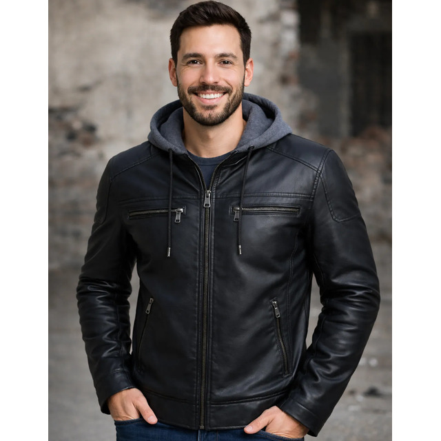 Jaqueta De Couro Masculina Preta Marrom Motoqueiro Com Capuz Jaqueta De Couro Masculina Preta Marrom Motoqueiro Com Capuz