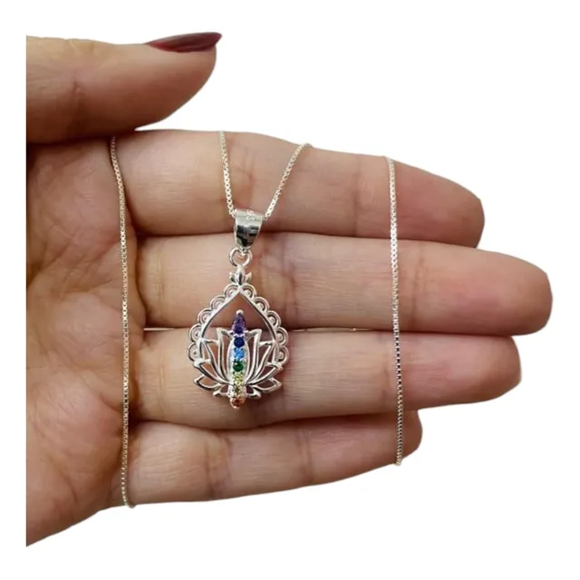 Cadena Dije Plata 925 Zircon Flor De Loto Chakra Meditación