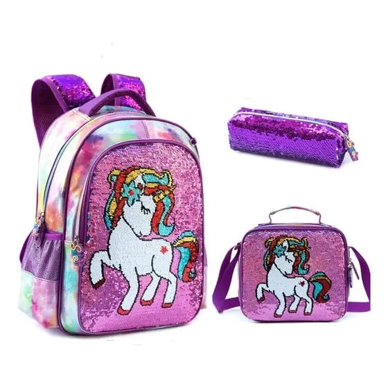 Morral Lonchera Y Cartuchera Lentejuelas Unicornio Fucsia
