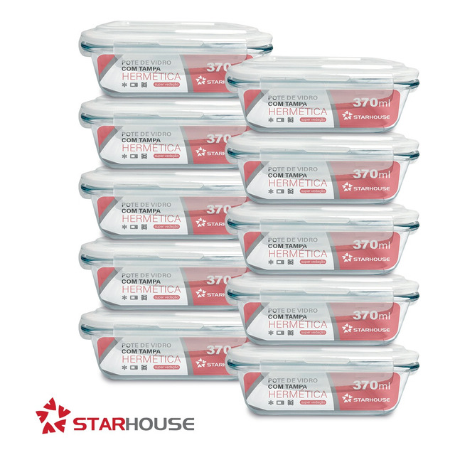Kit 10 Marmitas Vidro Hermético Vidro Tampa Trava 370ml Star House